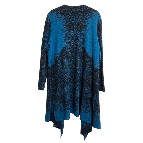 Jones Studio Womens Cardigan L Blue Black Abstract Open Front Drape Hem Sweater - Picture 3 of 6